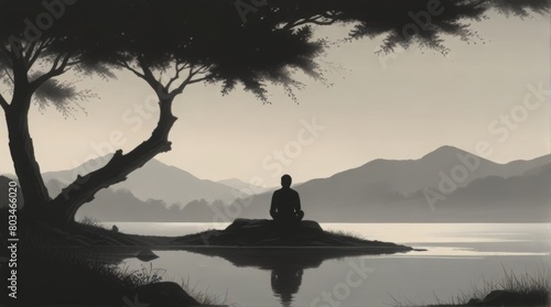 the silhouette of a solitary man seated in quiet contemplation  his posture relaxed and thoughtful against a serene landscape