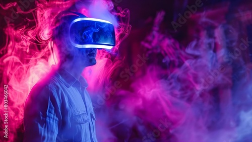 Gamer in VR headset explores haunted mansion feeling shivers at every creak. Concept Horror Gaming, Virtual Reality Experience, Haunted Mansion, Shivers, Gamer Reactions photo