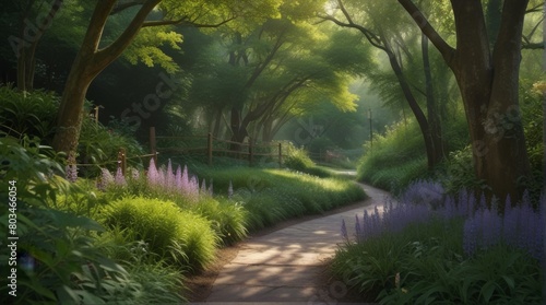 a tranquil scene featuring a long  winding path meandering through lush greenery and towering trees. dappled sunlight filtering through the leaves  casting gentle shadows along the path