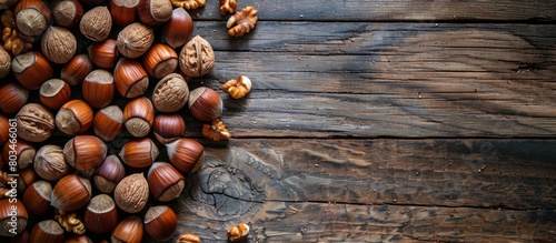 Hazelnuts and walnuts scattered on an old wooden table.