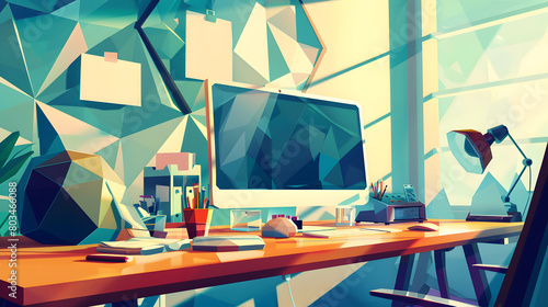 Business Home Office with computers and desks in cartoon poly art