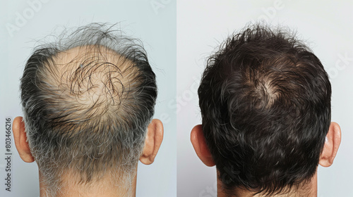 The man in the left photo has a bald head, while the man in the right photo has a full head of hair. comparison of a mans hair before and after treatment for hair loss. Hair transplant
