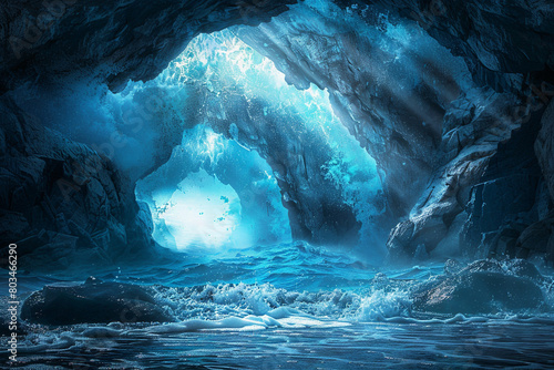 An awe-inspiring view of an underwater cavern with stormy waves crashing against the entrance, casting a mesmerizing blue glow in the depths. © Faisu