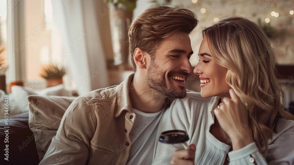 Beautiful young happy couple enjoying coffee at home on sofa Beautiful young happy couple enjoying coffee at home on sofa