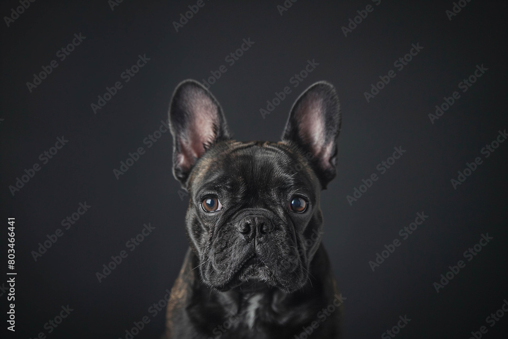 Black French bulldog on a black background in a minimalist style. The dog sits in the center of the frame, its wrinkled face and bright eyes attracting attention.