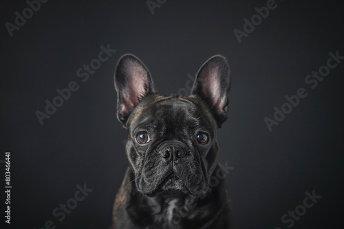 Black French bulldog on a black background in a minimalist style. The dog sits in the center of the frame, its wrinkled face and bright eyes attracting attention. © alsu0112