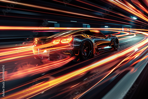 An electrifying composition showcasing a high-speed car slicing through the darkness of the night, leaving streaks of light in its wake.