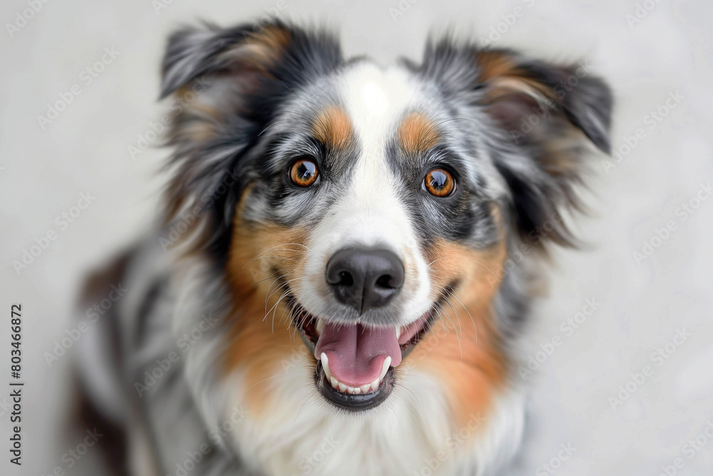 Close-up of a cute Austrian Shepherd looking at the camera, taken from above. A close-up of a cute Australian Shepherd is visible against a light background.