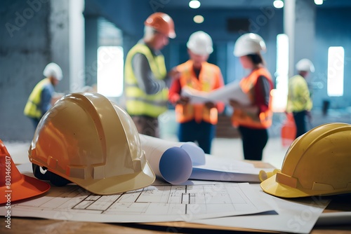 Construction workers in helmets discuss with safety gear and blueprints amidst bustling site.