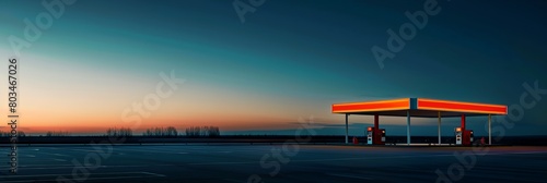 a gas station with a red light on the top of it at sunset or dawn, with a blue sky in the background