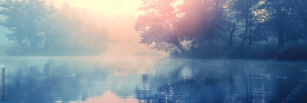serene lake with trees and fog in the background and a sun shining through the trees on the water's edge serene lake with trees and fog in the background and a sun shining through the trees on the water's edge