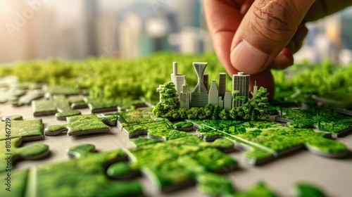 Fototapeta Naklejka Na Ścianę i Meble -  Building a greener future: miniature city among puzzles