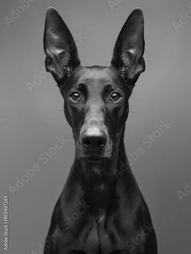 Doberman black  tall Doberman on a gray background looking forward. Close-up photograph of the animal. Advertising banner.