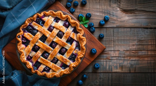 Homemade blueberry pie on a wooden table, top view.