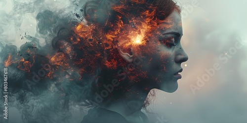 a woman with a fireball in her hair and smoke behind her head, with a sky background and a cloud of smoke © inspiretta