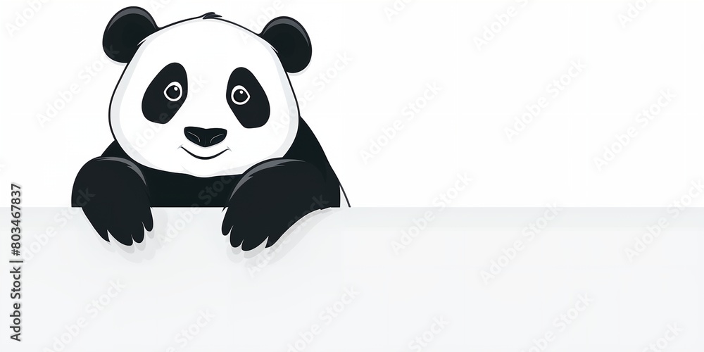 a panda bear holding a blank sign and peeking over it's edge with his paws on it's side.