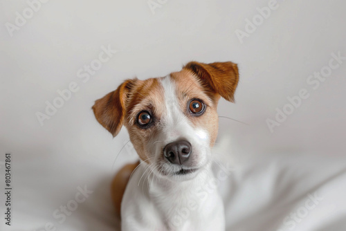 Cute Jack Russell Terrier sits on a white bed and looks forward in surprise. Close-up portrait of a dog.