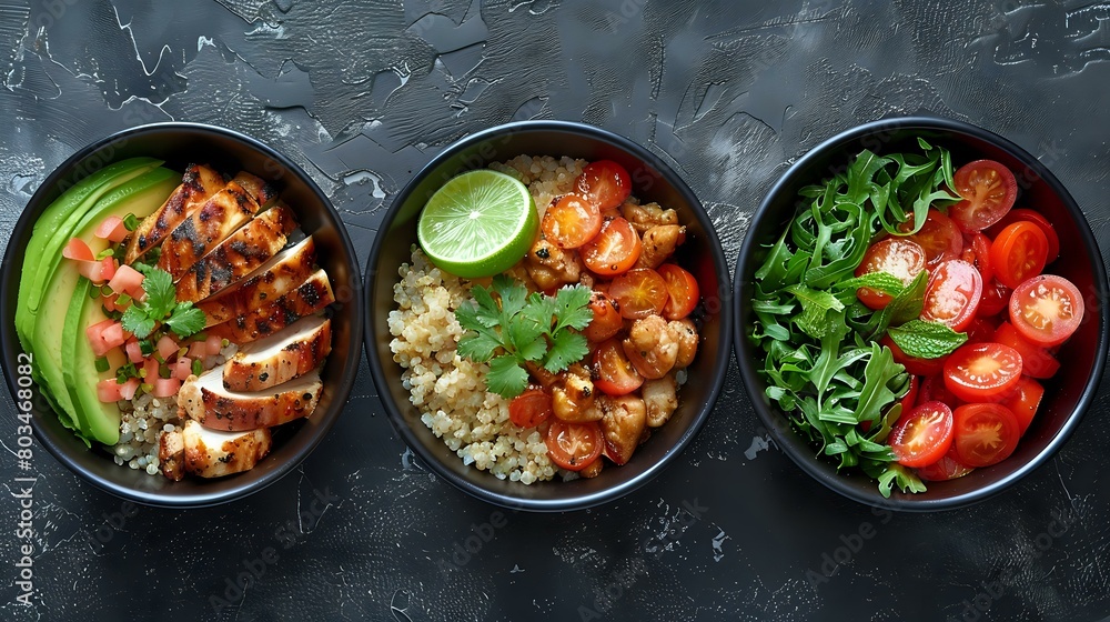 Meticulously Prepared Culinary Creations in Matching Bowls Meticulously Prepared Culinary Creations in Matching Bowls