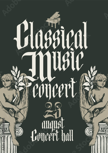 Vector poster for classical music concert with grand piano and contour drawings of angels in retro gothic in style. Suitable for flyer, invitation, playbill, web design photo
