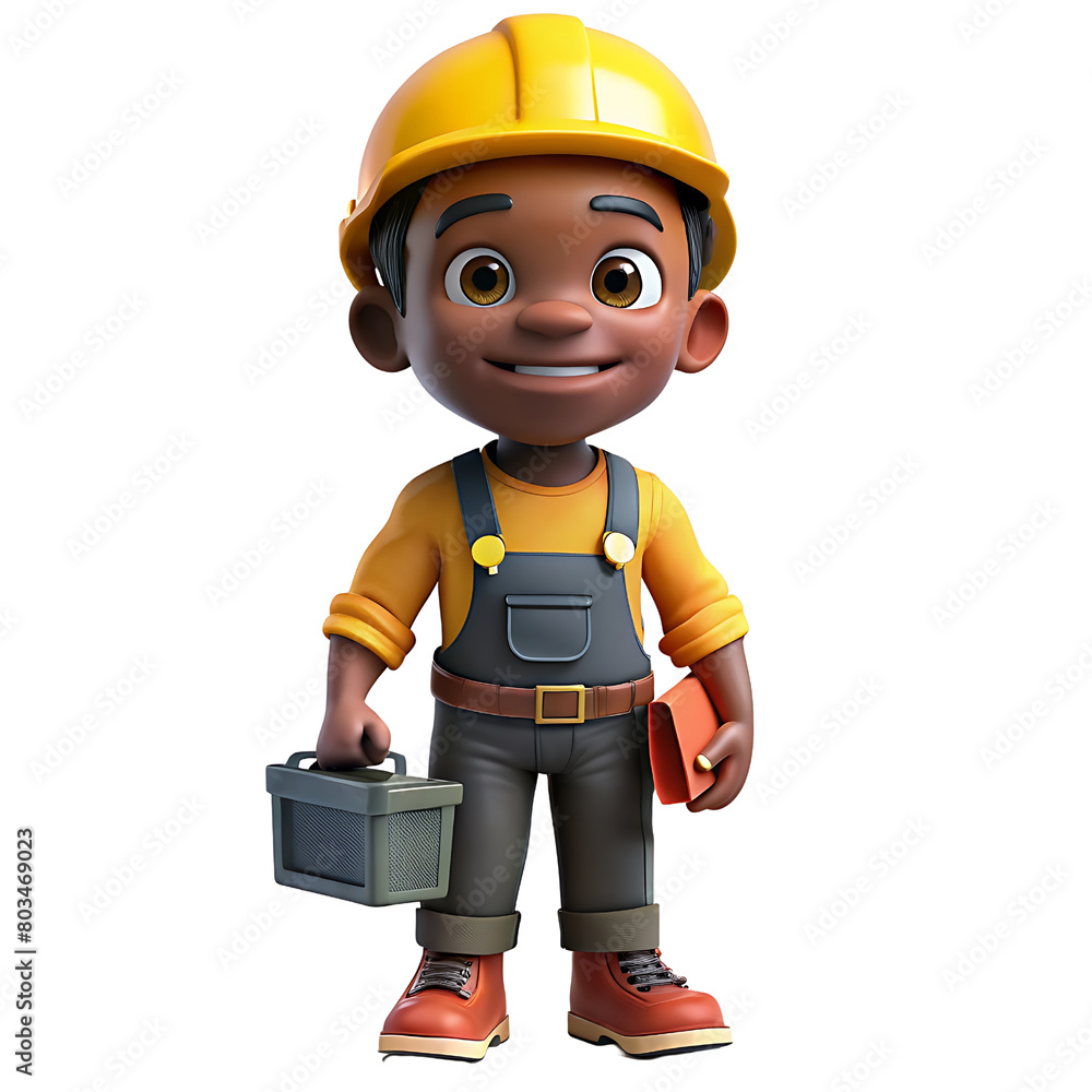 3d black boy construction worker, wearing a hard hat and holding a toolbox.. isolated on transparent background 3d black boy construction worker, wearing a hard hat and holding a toolbox.. isolated on transparent background