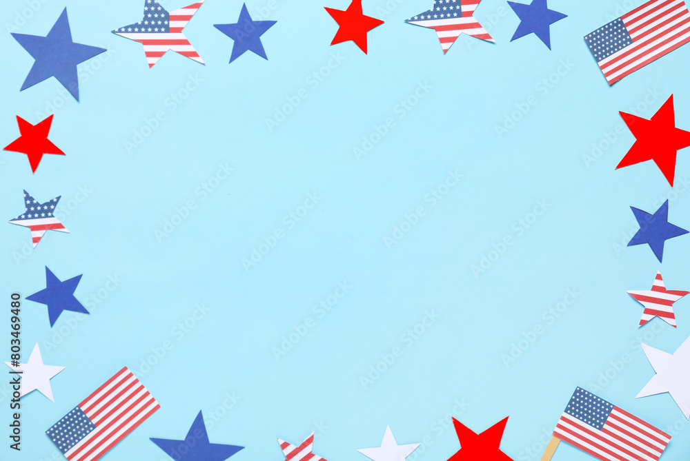 Fototapeta premium Frame made of USA flags and stars on color background. Independence Day celebration