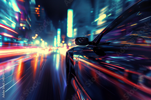 An exhilarating image capturing the thrilling speed of a car as it zips through the night, with the urban landscape glowing in the background.