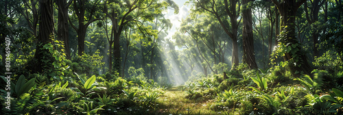 Panorama view of a green forest landscape  the sun is shining through the green trees