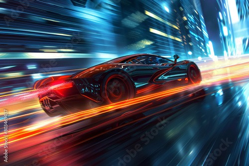 An exhilarating image capturing the speed and agility of a car as it navigates through the night, with the urban landscape glowing in the background.