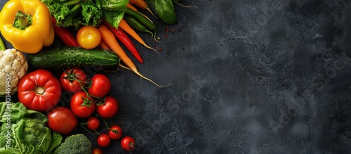 Close-up view of a variety of fresh vegetables with space for text  seen from above.