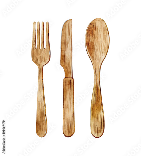 wooden knife spoon fork watercolor digital painting good quality