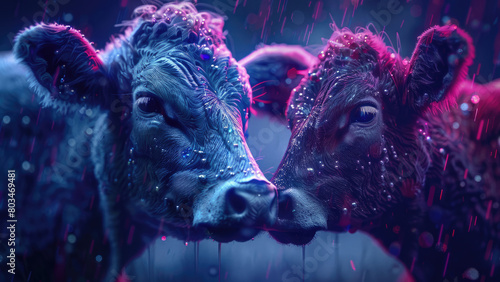 Bovine Ballad: Cow Serenade with Heart-Shaped Cows Coupling Amidst Purple Light and Cinematic Atmosphere with Raindrops photo