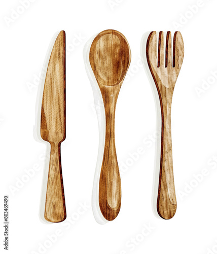 wooden knife spoon fork watercolor digital painting good quality