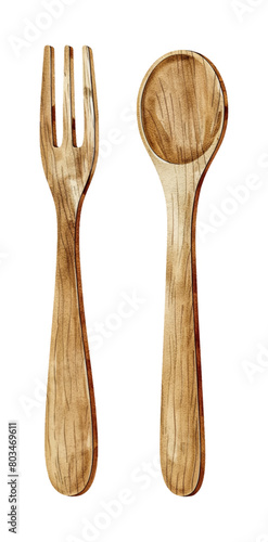 wooden spoon fork watercolor digital painting good quality