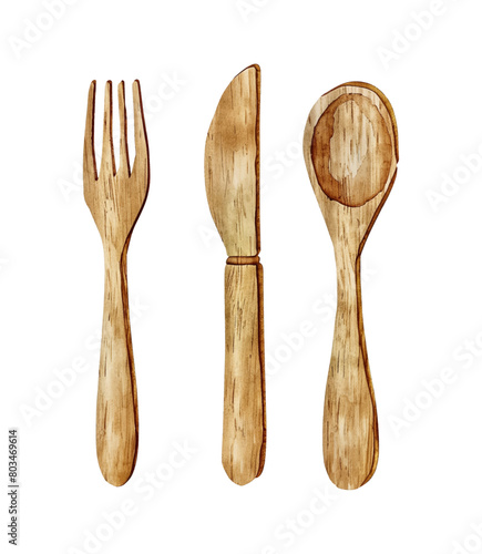 wooden knife spoon fork watercolor digital painting good quality