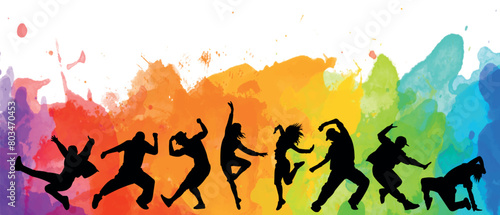 Detailed illustration silhouettes of expressive dance colorful group of people dancing. Jazz funk, hip-hop, house dance. Dancer man jumping on white background. Happy celebration	
