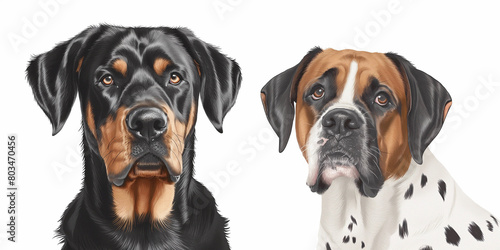 Muzzles of two boxer dogs of different colors on a white background. Their appearance and expressive poses make them suitable for use in advertising products and services related to major dog breeds. photo