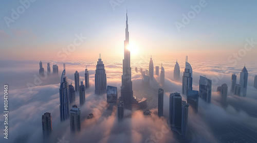 drone view of Dubai Downtown skyline on a foggy winter day