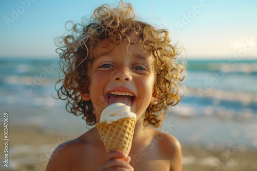 Cute boy with curly hair eating ice cream on the beach.