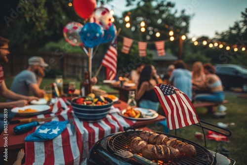 Fourth of July party with people around BBQ, USA flags and balloon decoration, people having fun at barbecue party