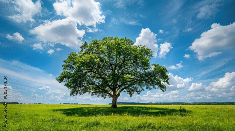 The view of a tree in green fields with blue skies is mesmerizing.
