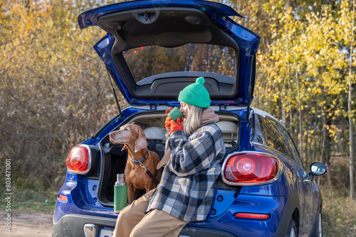 Woman pet owner drinking tea sitting in car trunk with dog enjoying nature in forest on weekend. Autumn outdoors activity, vacation travel tourism road trip with magyar vizsla dog concept.