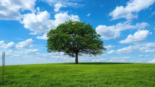 The view of a tree in green fields with blue skies is mesmerizing.