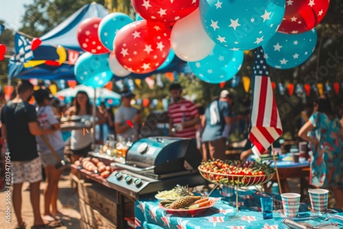 Fourth of July party with people around BBQ, USA flags and balloon decoration, people having fun at barbecue party © Iryna