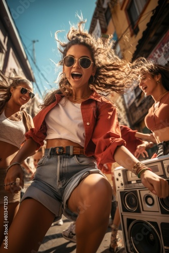 A group of young women energetically dancing in the street to hip hop music. They are moving to the beat with synchronized steps and dynamic gestures, showcasing their enthusiasm and passion for dance