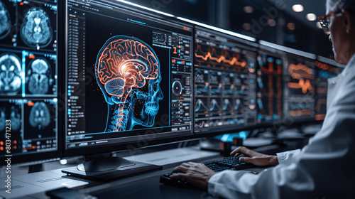 Doctor surgeon and neurologist use robotic and medical technology diagnose and examine patient brain with intelligence software. AI, Innovation, Science and technology digital medical, Generative AI.