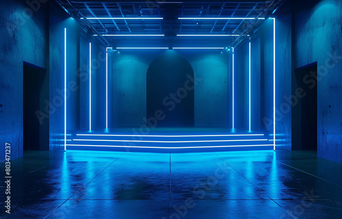 Modern studio background  dark minimalist stage with blue neon lighting