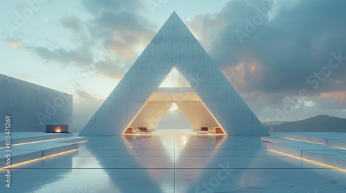 Futuristic triangular structure with glowing floor at sunset, creating a serene and modern architectural scene. photo