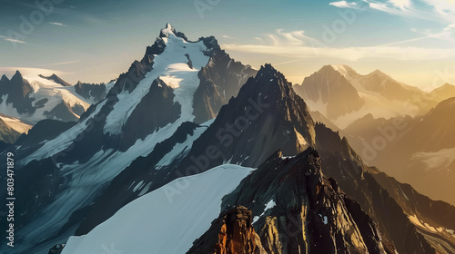 Sunset over a rugged mountain range with sharp peaks and snow-covered slopes, casting a warm golden light over the landscape. photo