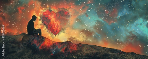 Digital Collage of Contemplate selfawareness in the cosmic perspective of heartache.