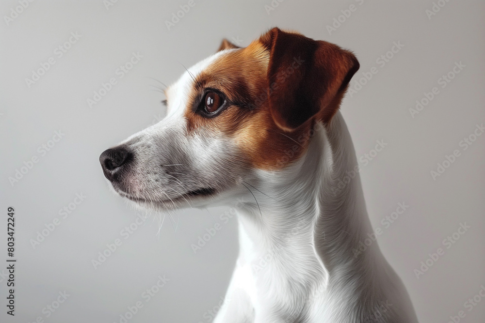 Jack Russell Terrier looking to the side is depicted on a light background. Close-up portrait of a dog.